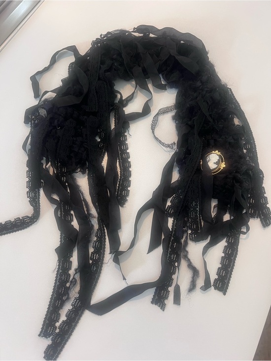 Accessories - Black Lace Ribbon Mini Scarf with Cameo
